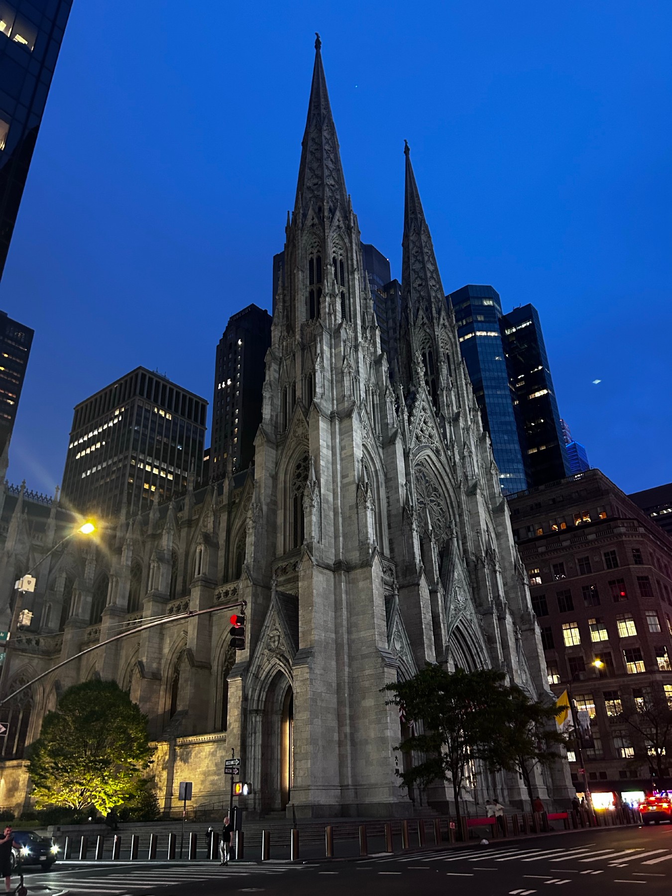 Twin church spires seen at night