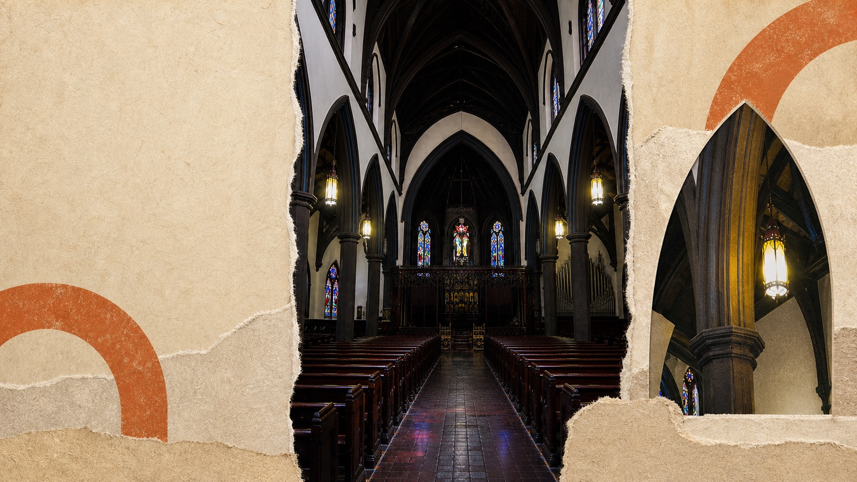 A church nave set within a warm paper and terracotta collage
