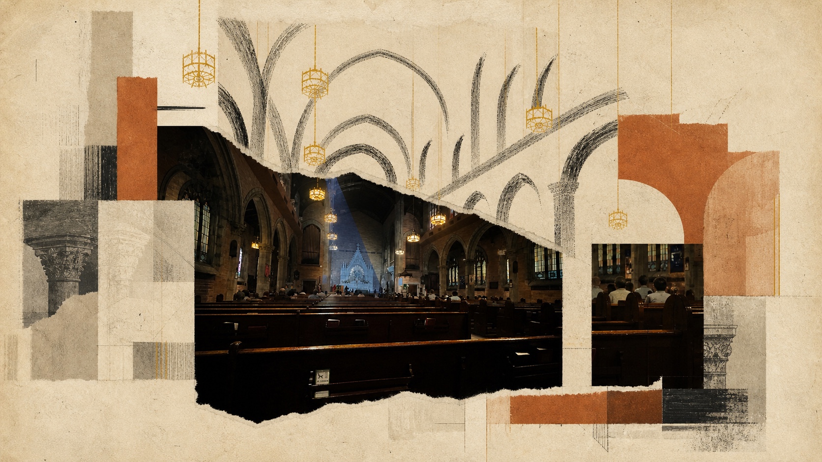 A church assembly in a warm paper and terracotta collage