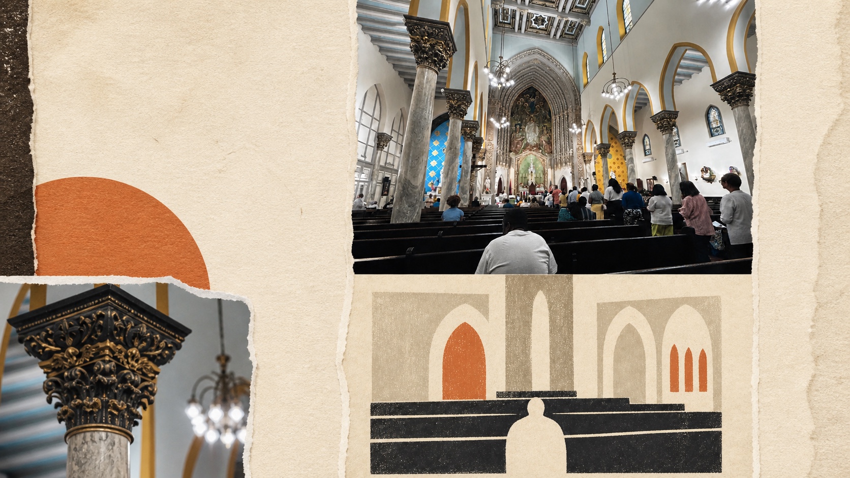 A congregation standing in a church, reworked as a paper collage