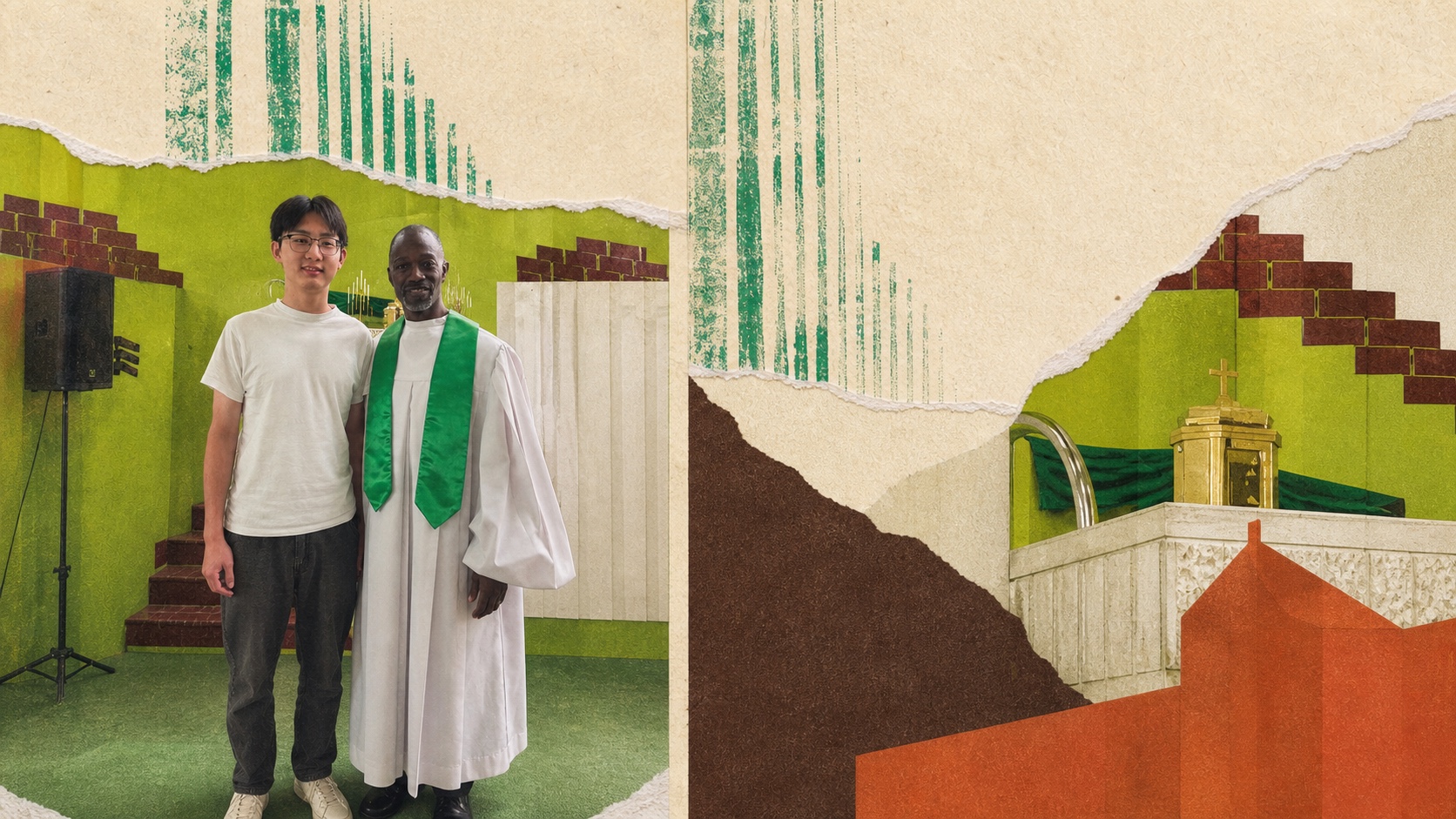 A student and pastor in a green and kraft paper collage