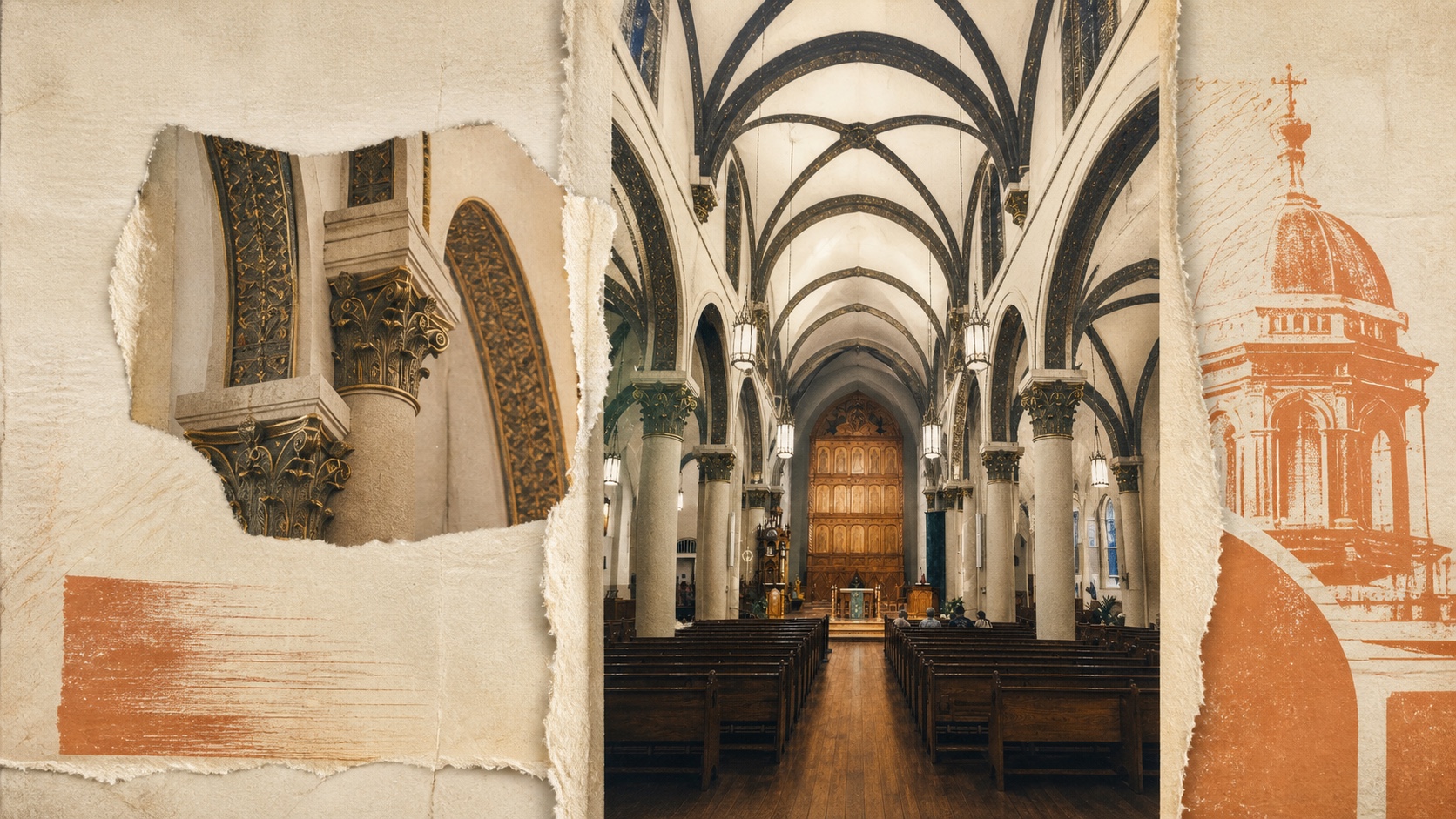 An ornate sanctuary reworked with warm paper and terracotta forms